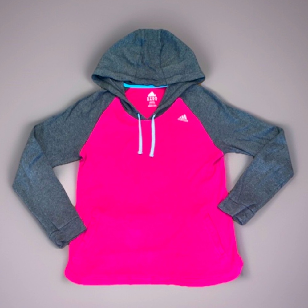 Vintage Adidas Women’s Fleece Hoodie Gray Sleeve Pink Body & Kangaroo Pocket HTF